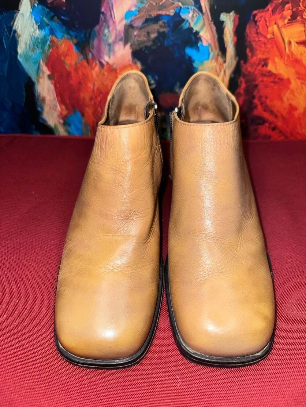 No.07 Damiani's Ankle Boots Size 6.5M Tan Leather Block Heel Side Zip